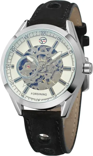 FORSINING Men's Exposed Mechanical Vintage Skeleton Clock Male Antique Steampunk Automatic Leather Watches