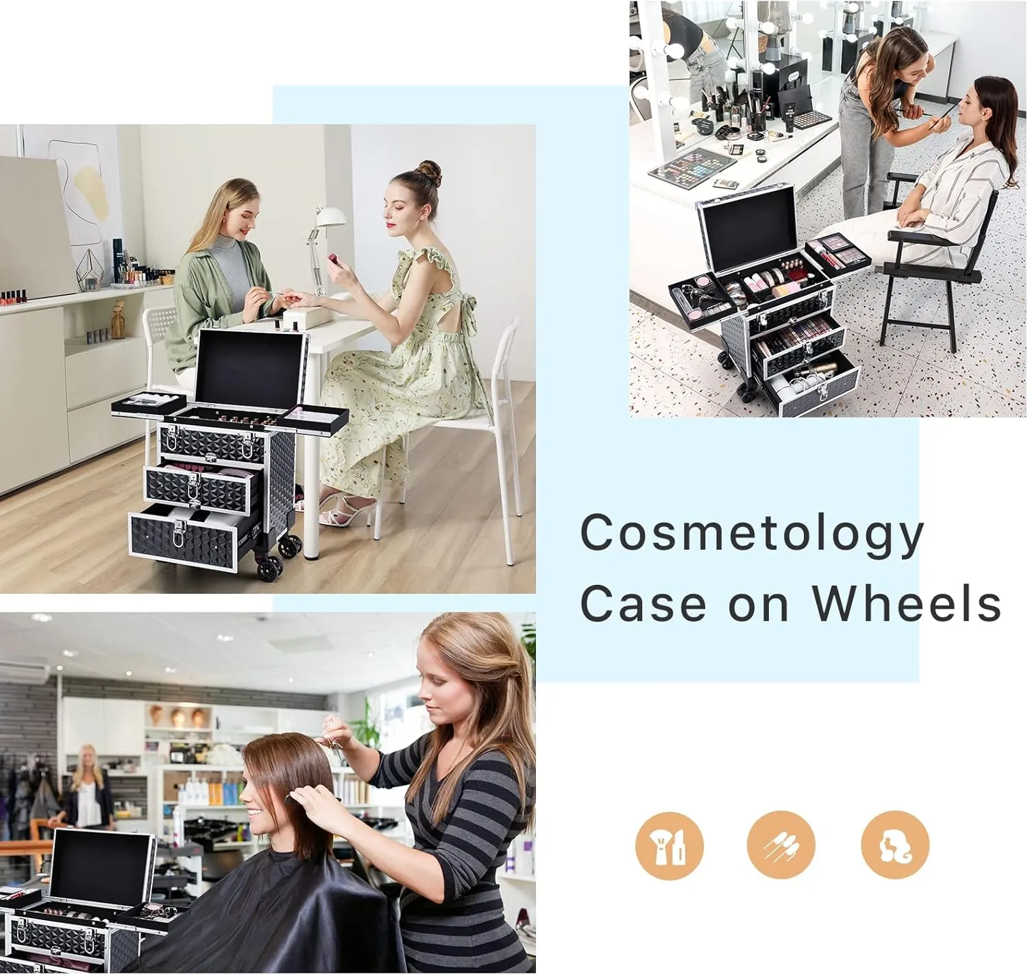 FRENESSA Professional Rolling Makeup Case Aluminum Trolley Train Case with 360° Swivel Wheels for Makuep Artist Travel Cosmetic Organizer with Sliding Drawers for Nail Tech Hairstylist Barber, Black