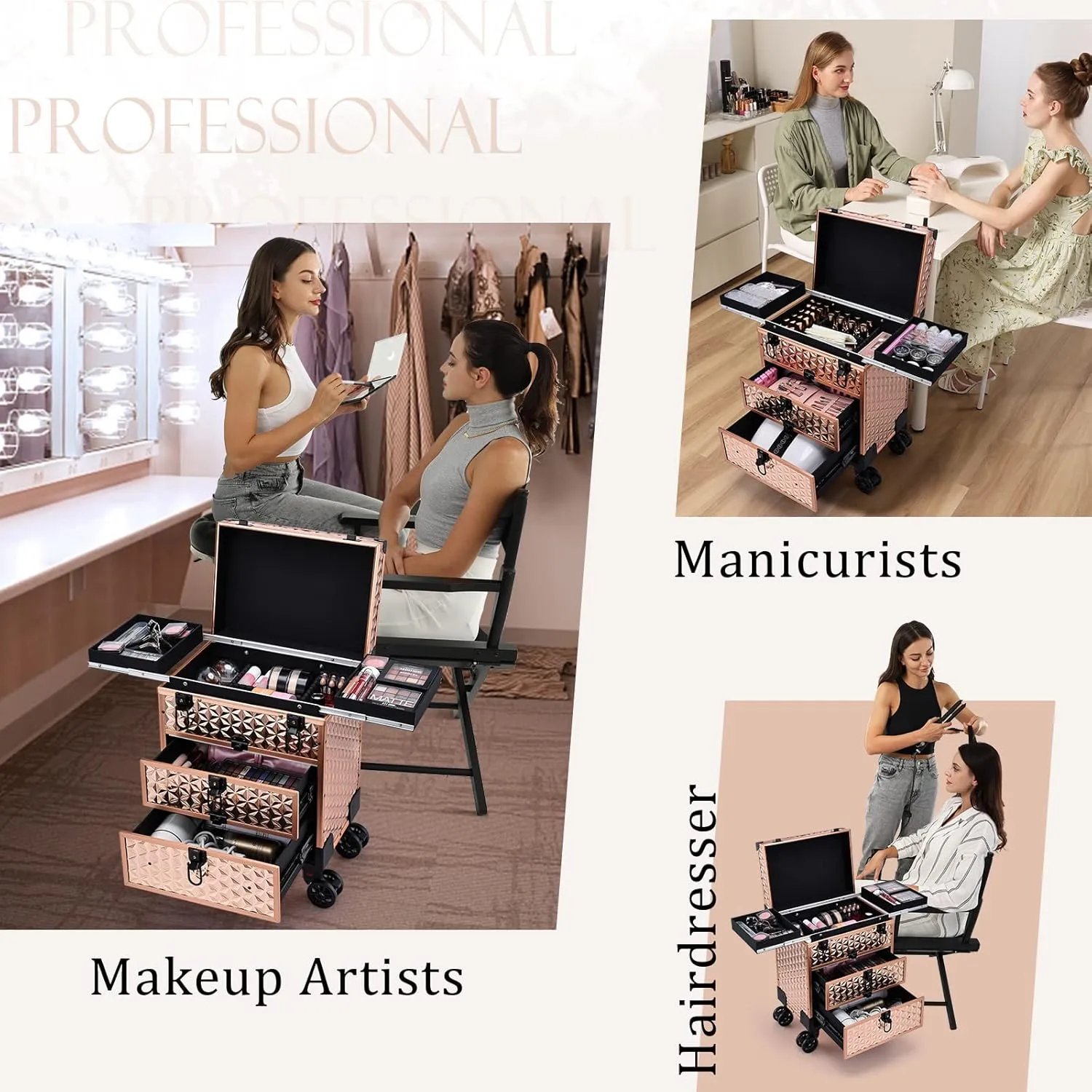 FRENESSA Professional Rolling Makeup Case Aluminum Trolley Train Case with Swivel Wheels for Makuep Artist Travel Cosmetic Organizer with Sliding Drawers for Nail Tech Hairstylist Barber Rose Gold