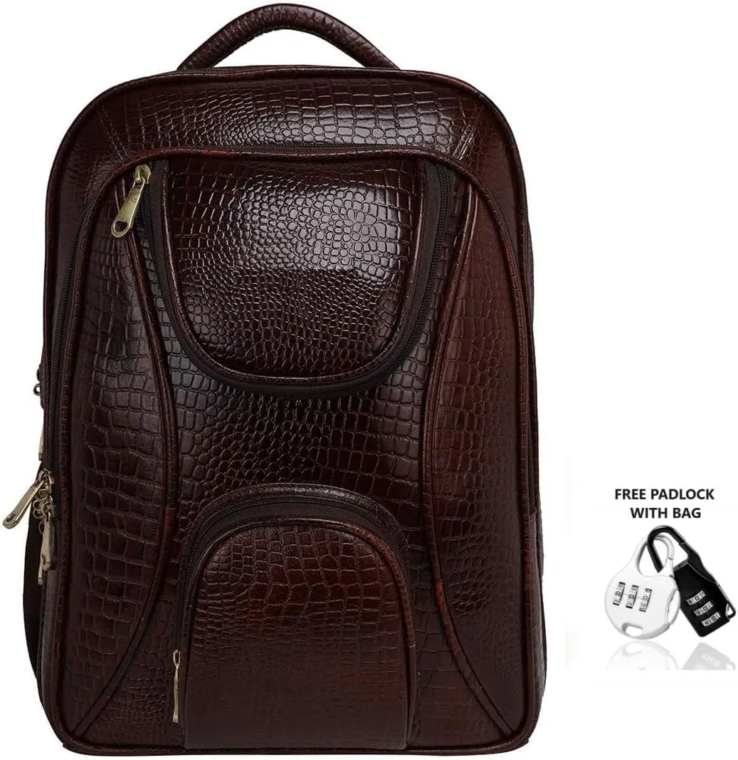 Full Grain Leather Backpack For Men & Women 16 Inch Laptop Backpack Bag Travel Office Backpack Heavy Duty (Croc Brown)