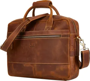 Full Leather 15.6 inch Laptop Briefcase Shoudler Handbag Bag for Men Vintage Handmade Water Resistant Business Trip