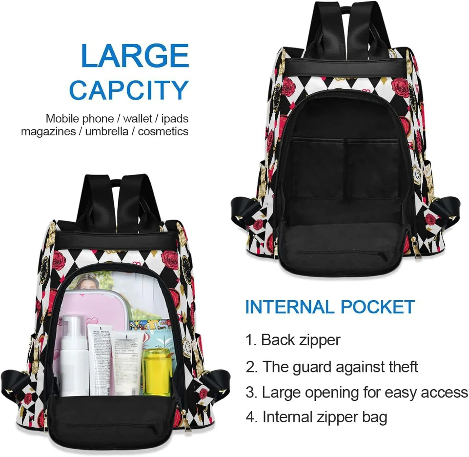 Fustylead Alice Chess Board Backpack Purse for Women Fashion Ladies Shoulder Bags Large Travel Bag