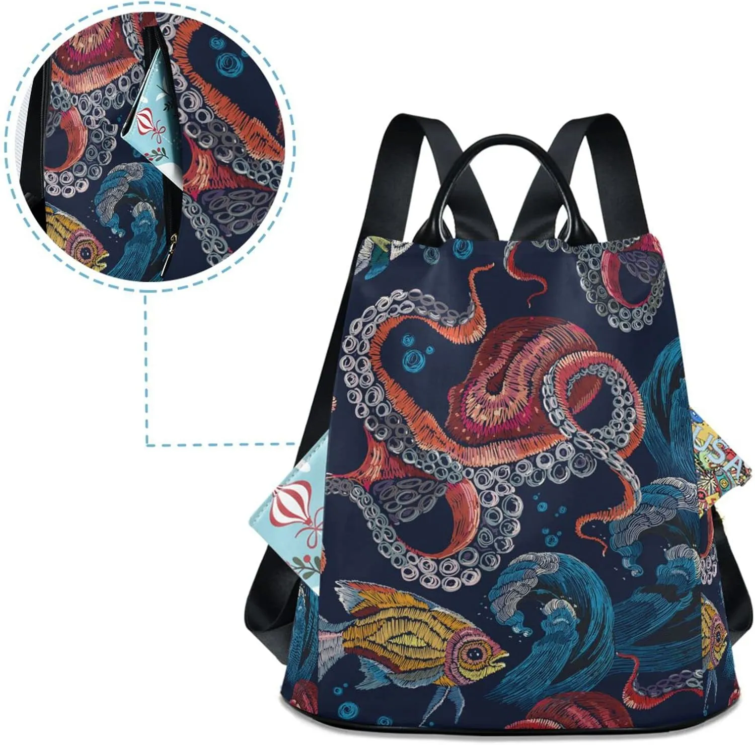 Fustylead Embroidered Octopus Women Fashion Backpack Purse Travel Ladies College Shoulder Bags