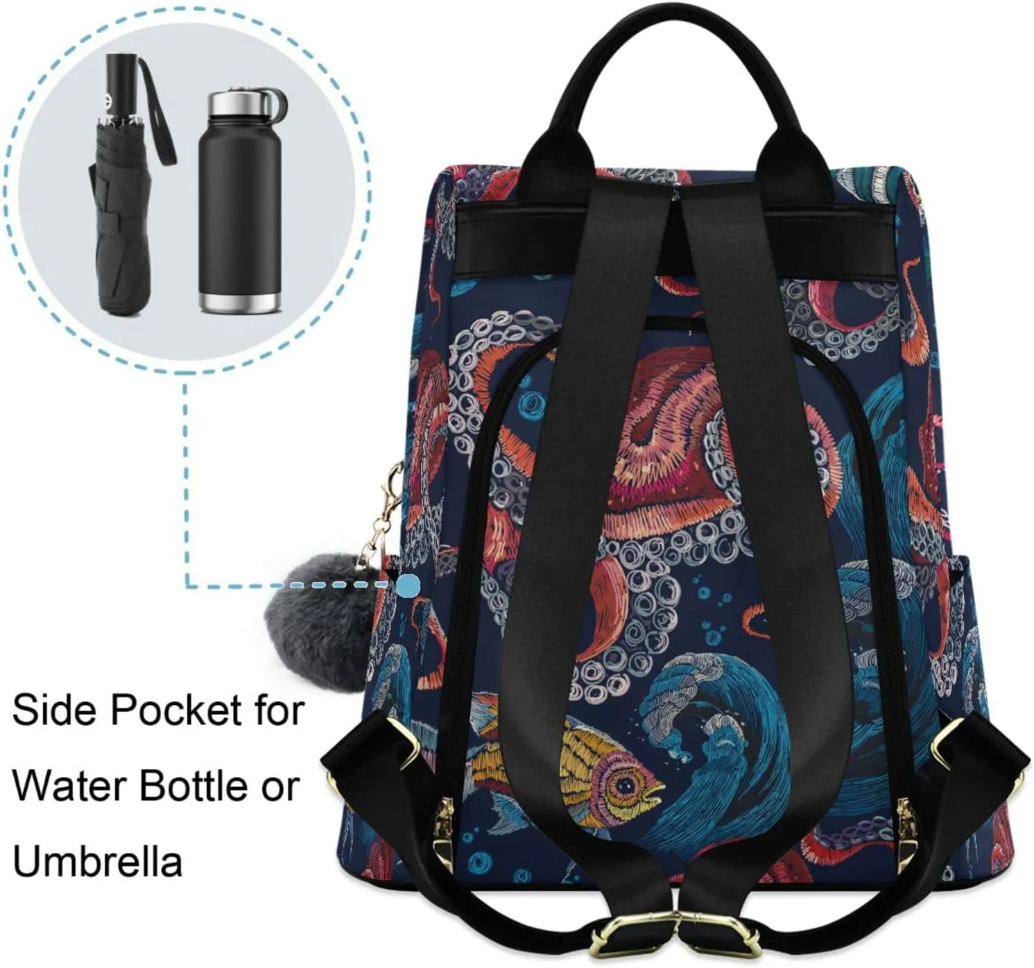 Fustylead Embroidered Octopus Women Fashion Backpack Purse Travel Ladies College Shoulder Bags