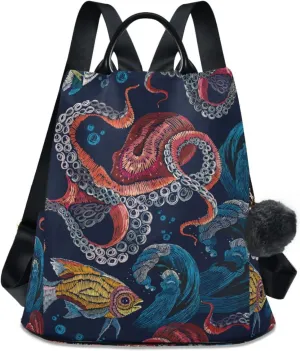 Fustylead Embroidered Octopus Women Fashion Backpack Purse Travel Ladies College Shoulder Bags
