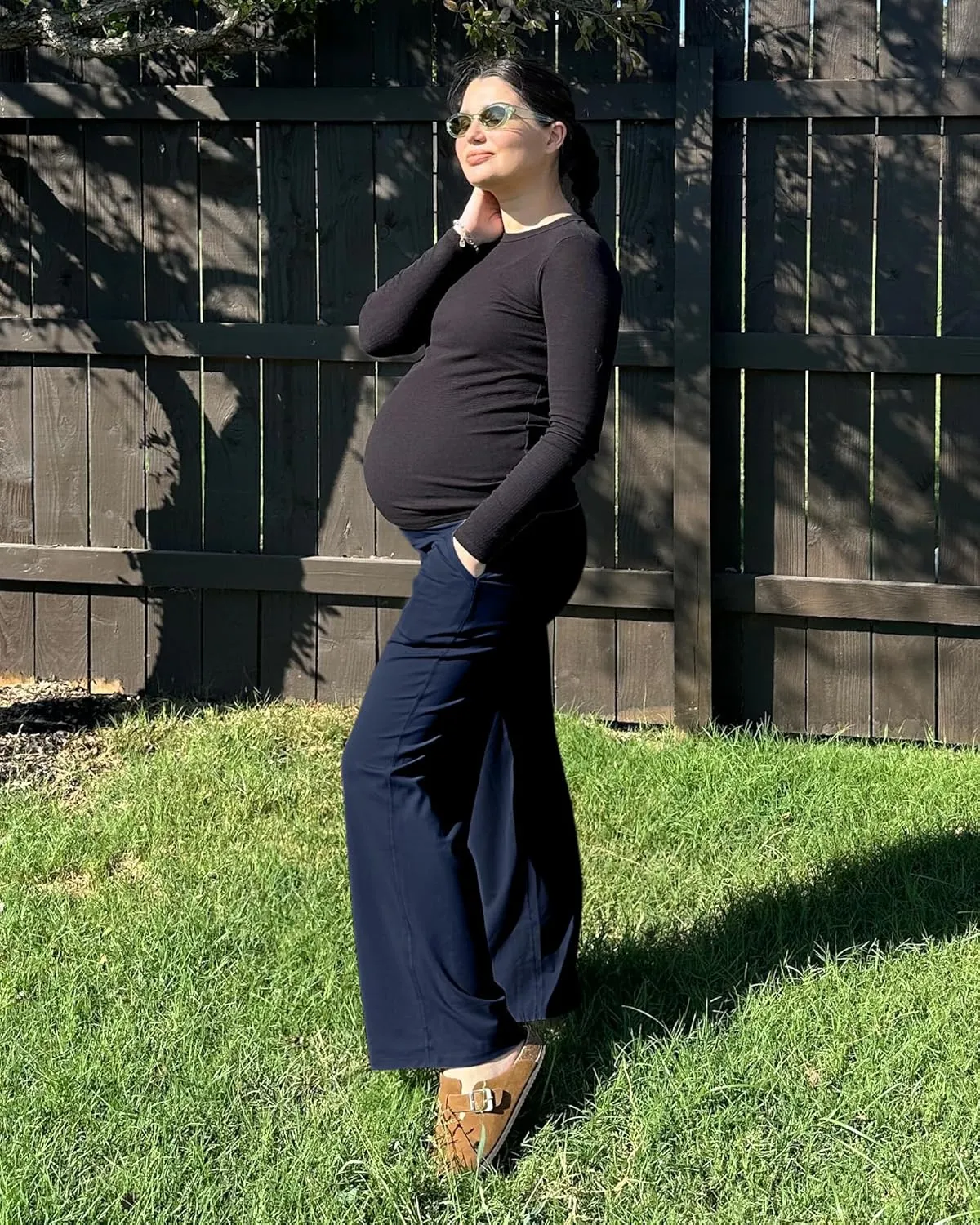 G4Free Maternity Pants Over The Belly Yoga Dress Work Pregnancy Pants Stretchy Lounge Wide Leg Trousers with Pockets