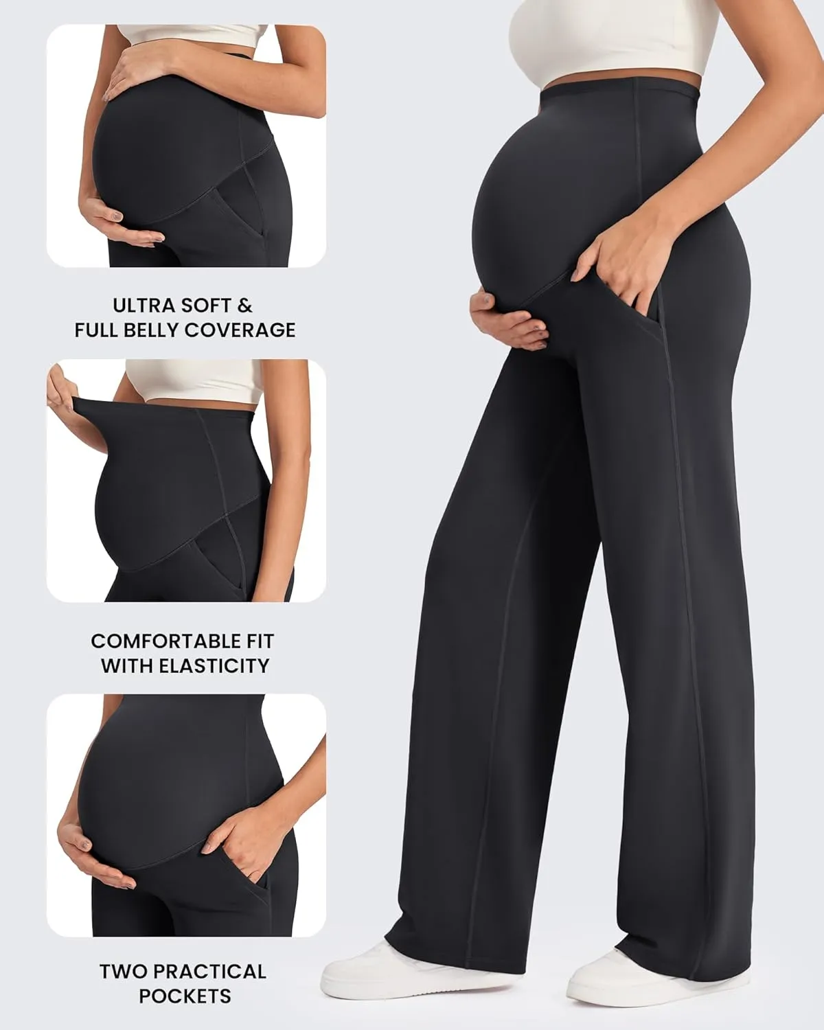 G4Free Maternity Pants Over The Belly Yoga Dress Work Pregnancy Pants Stretchy Lounge Wide Leg Trousers with Pockets