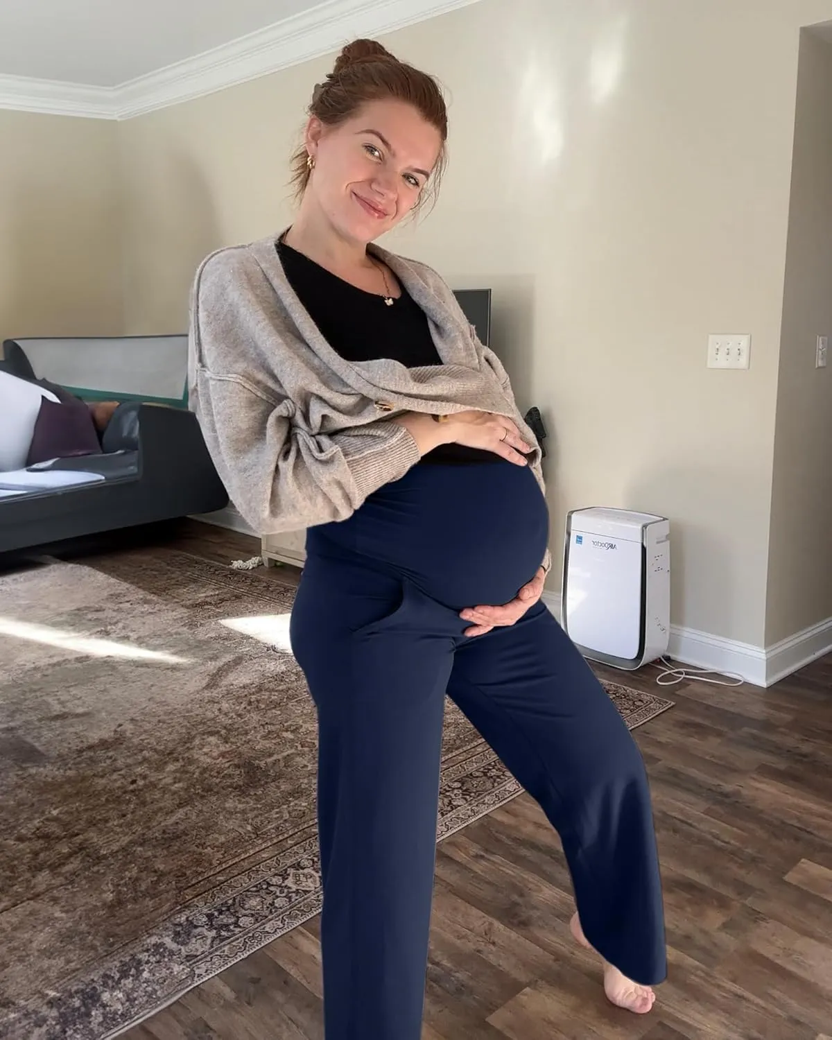 G4Free Maternity Pants Over The Belly Yoga Dress Work Pregnancy Pants Stretchy Lounge Wide Leg Trousers with Pockets