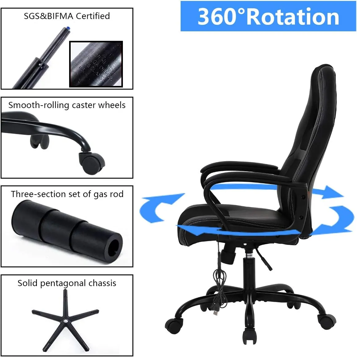 Gaming Chair Computer Chair Office Chair Ergonomic High Back Massage PC Desk Chair with Lumbar Support & Padded Armrest Racing Style Cheap Adjustable Swivel Chair for Women Men Adult, Black