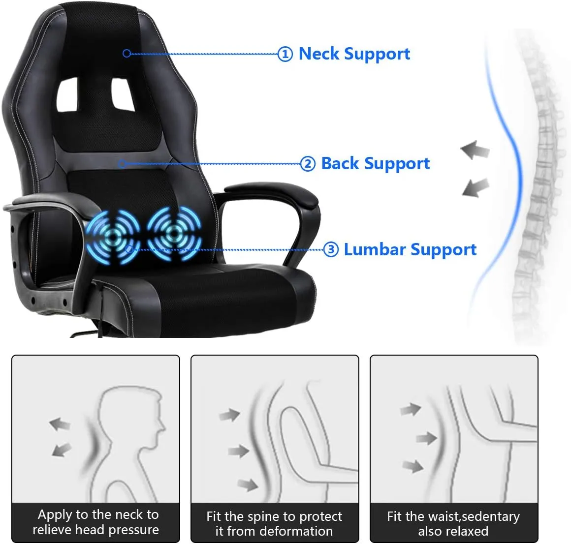 Gaming Chair Computer Chair Office Chair Ergonomic High Back Massage PC Desk Chair with Lumbar Support & Padded Armrest Racing Style Cheap Adjustable Swivel Chair for Women Men Adult, Black