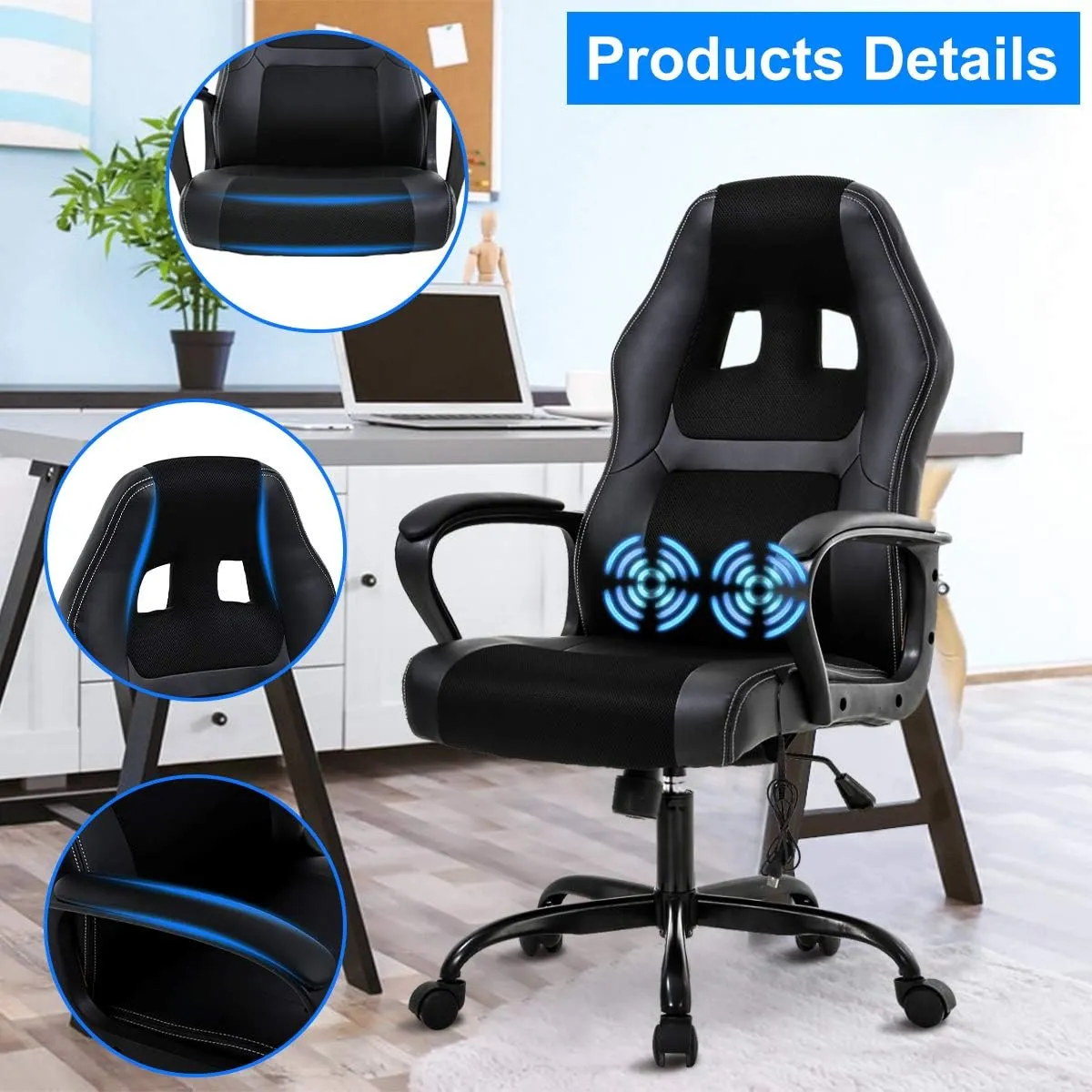 Gaming Chair Computer Chair Office Chair Ergonomic High Back Massage PC Desk Chair with Lumbar Support & Padded Armrest Racing Style Cheap Adjustable Swivel Chair for Women Men Adult, Black