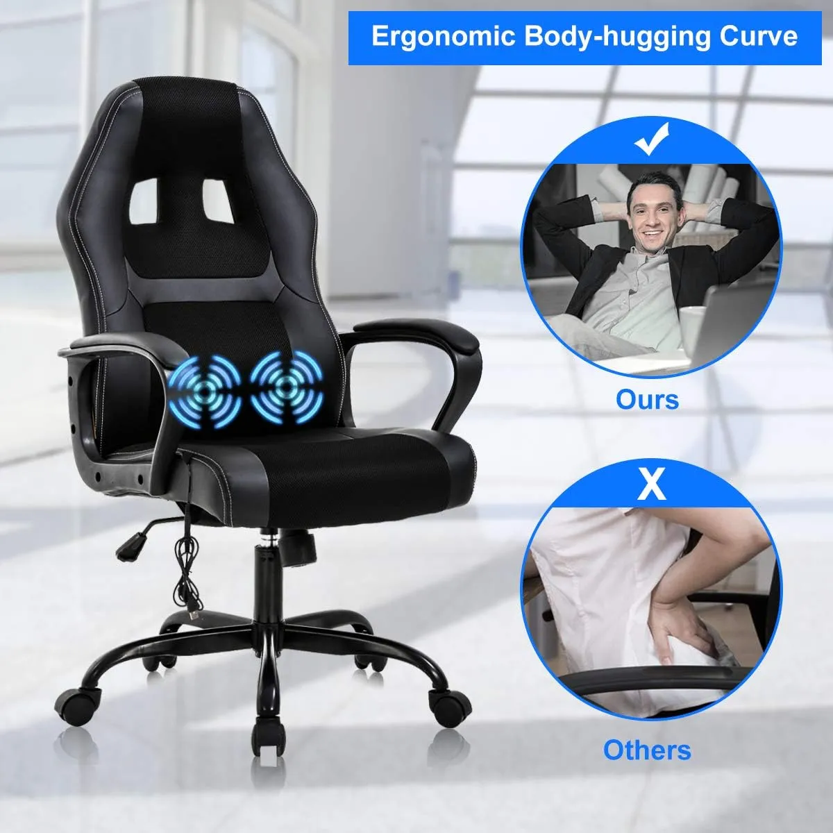 Gaming Chair Computer Chair Office Chair Ergonomic High Back Massage PC Desk Chair with Lumbar Support & Padded Armrest Racing Style Cheap Adjustable Swivel Chair for Women Men Adult, Black