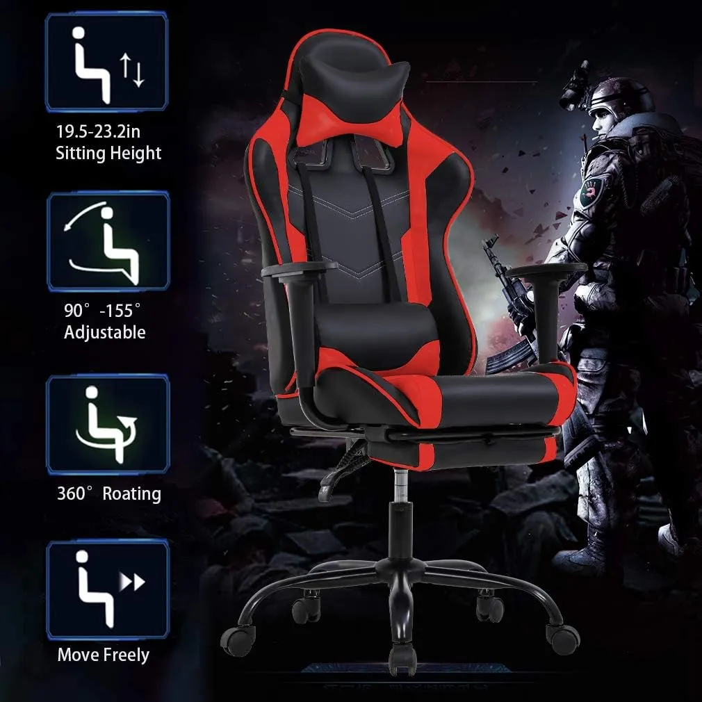 Gaming Chair Office Chair Ergonomic Desk Chair with Footrest Arms Lumbar Support Headrest Swivel Rolling High Back Racing Computer Chair for Women Men Adults Girls,Red