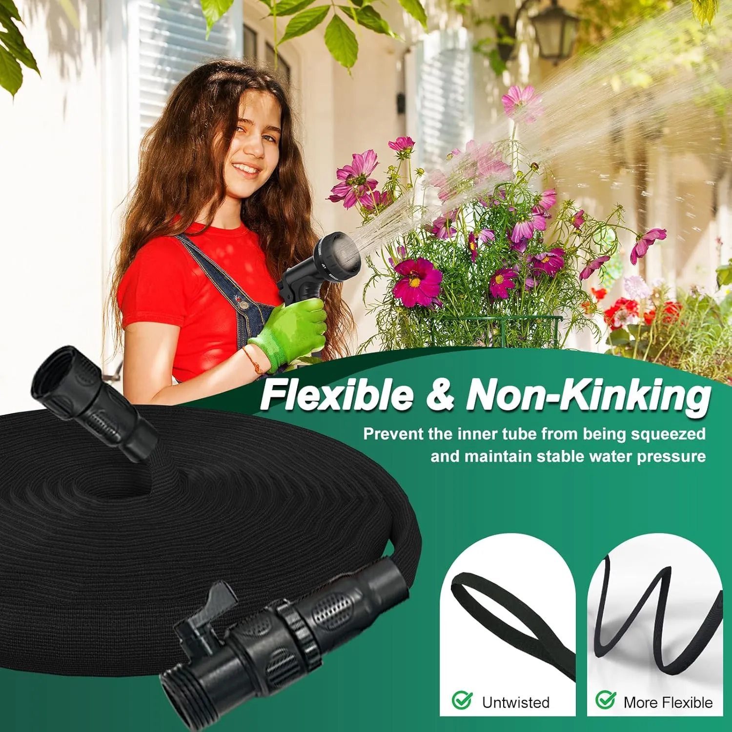 Garden Hose, 2025 Upgraded Non-Expanding Water Hose Sturdy & Lightweight 3/4 Hose, No-Kink, Tough & Flexible Water Pipe, Crush-Proof for Yard, Lawn, Outdoor, Car Wash (Black, 75FT)