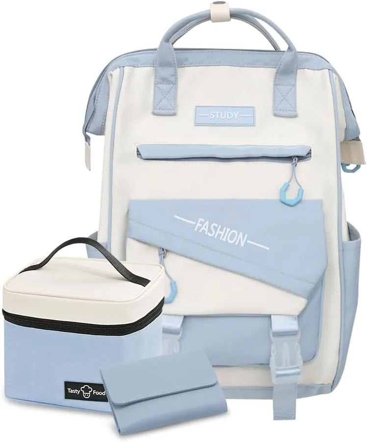 Geelragaly Laptop Backpack for 15.7 -inch Laptops, Waterproof Backpack for Female, with Lunch Bagand wallet, Three - piece set,blue.
