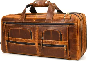 Genuine Leather Chef Knife Bag Holds 20 Knives PLUS Steel Meat Cleaver Large Storage Compartment Durable Professional Line Knife Carrier (Stress Light Brown)