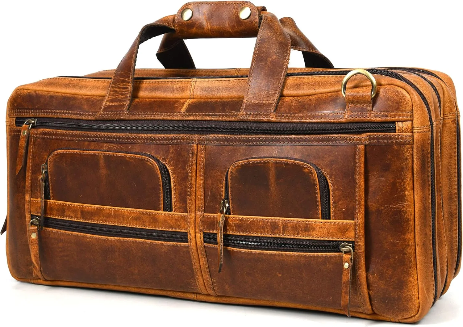 Genuine Leather Chef Knife Bag Holds 20 Knives PLUS Steel Meat Cleaver Large Storage Compartment Durable Professional Line Knife Carrier (Stress Light Brown)