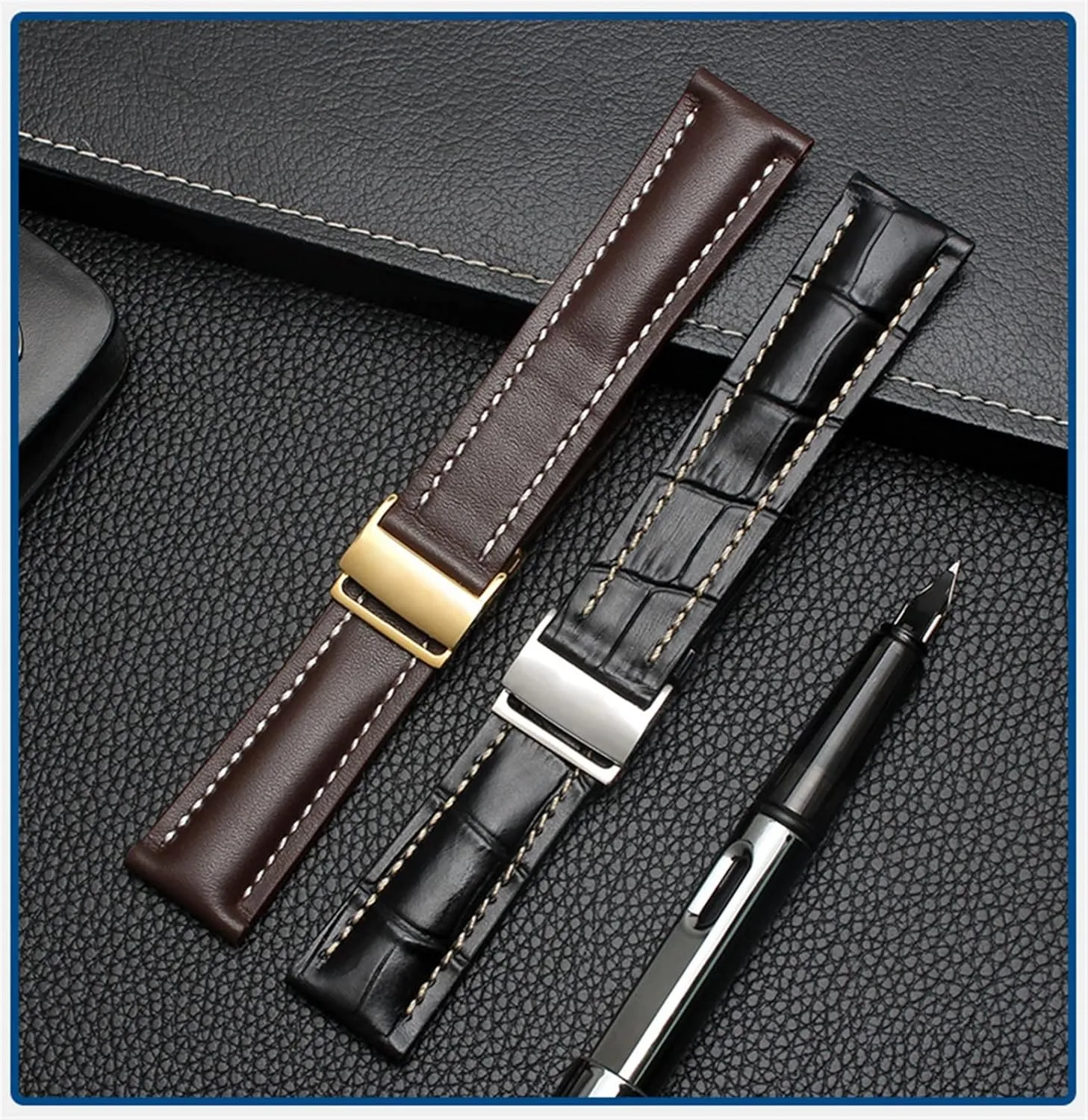 Genuine Leather Strap 22mm 24mm Watch Band For Breitling mens watch cow leather bracelet with Deployment buckle