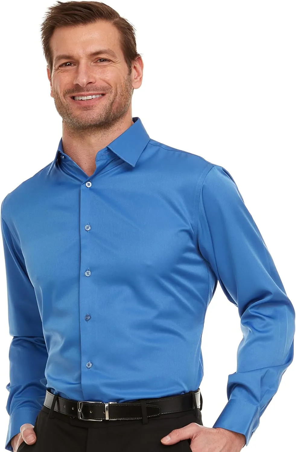 Geoffrey Beene Mens Slim Fit Sateen Stretch Button Down Dress Shirt Formal Wrinkle Resistant