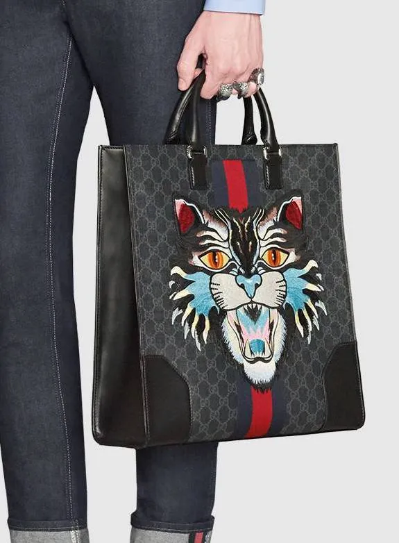GG Supreme Tote with Embroidered Angry Cat