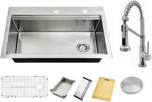 Glacier Bay All-in-One Drop-in/Undermount Stainless Steel 33 in. Single Bowl Workstation Kitchen Sink with Faucet and Accessories, Silver
