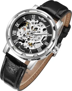 GLEIM Men's Watch, Mechanical Skeleton Steampunk Design Automatic Self-Winding Roman Numeral Silver Case PU Leather Wrist Watch