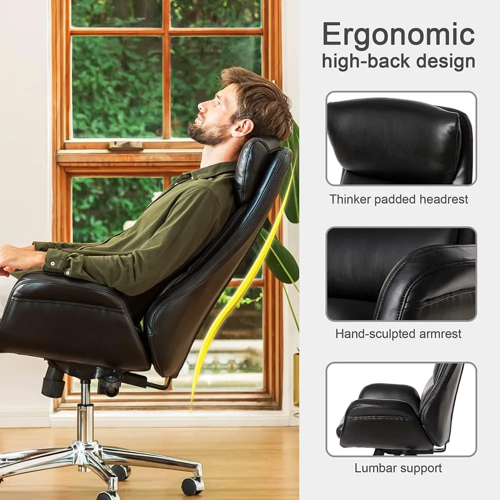 Glitzhome Mid-Century Modern Air Leatherette Adjustable Swivel High Back Office Chair, Black
