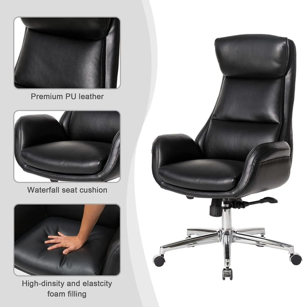 Glitzhome Mid-Century Modern Air Leatherette Adjustable Swivel High Back Office Chair, Black
