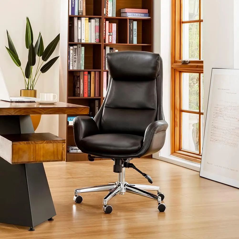 Glitzhome Mid-Century Modern Air Leatherette Adjustable Swivel High Back Office Chair, Black