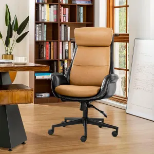 Glitzhome Mid-Century Modern Two-Tone Color High Back Leatherette Chairs Computer Desk Chair, Task Chair with Armrest Adjustable Gaslift Office Chair Executive Swivel Chair,Black & Camel