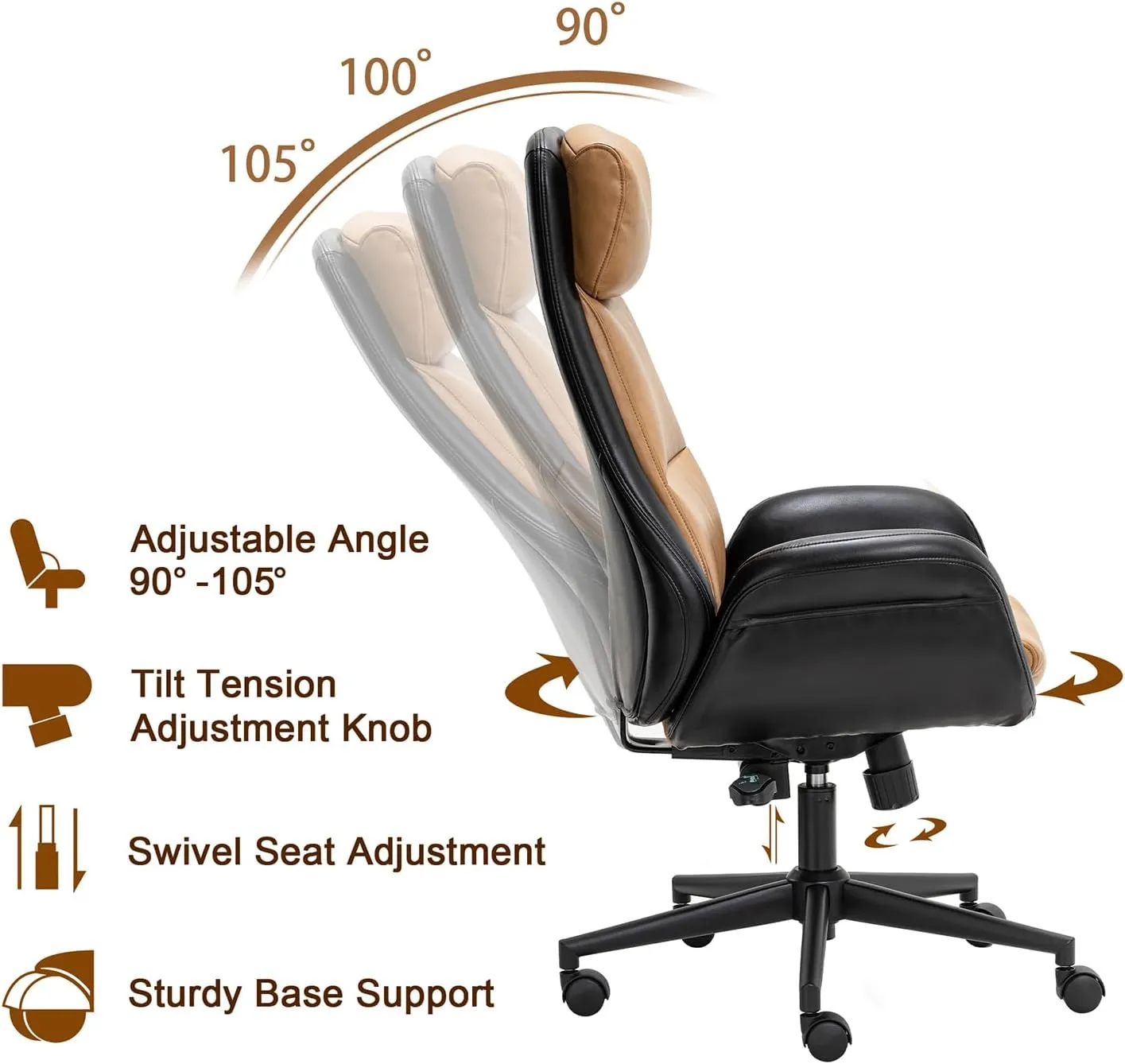 Glitzhome Mid-Century Modern Two-Tone Color High Back Leatherette Chairs Computer Desk Chair, Task Chair with Armrest Adjustable Gaslift Office Chair Executive Swivel Chair,Black & Camel
