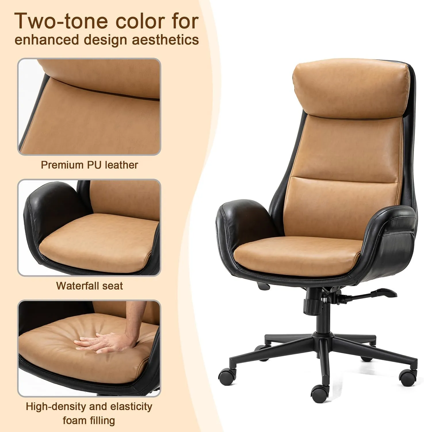 Glitzhome Mid-Century Modern Two-Tone Color High Back Leatherette Chairs Computer Desk Chair, Task Chair with Armrest Adjustable Gaslift Office Chair Executive Swivel Chair,Black & Camel