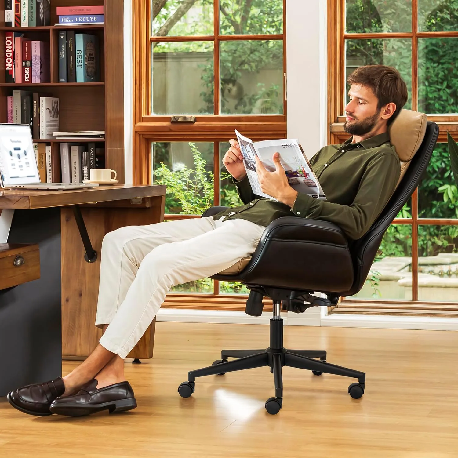 Glitzhome Mid-Century Modern Two-Tone Color High Back Leatherette Chairs Computer Desk Chair, Task Chair with Armrest Adjustable Gaslift Office Chair Executive Swivel Chair,Black & Camel