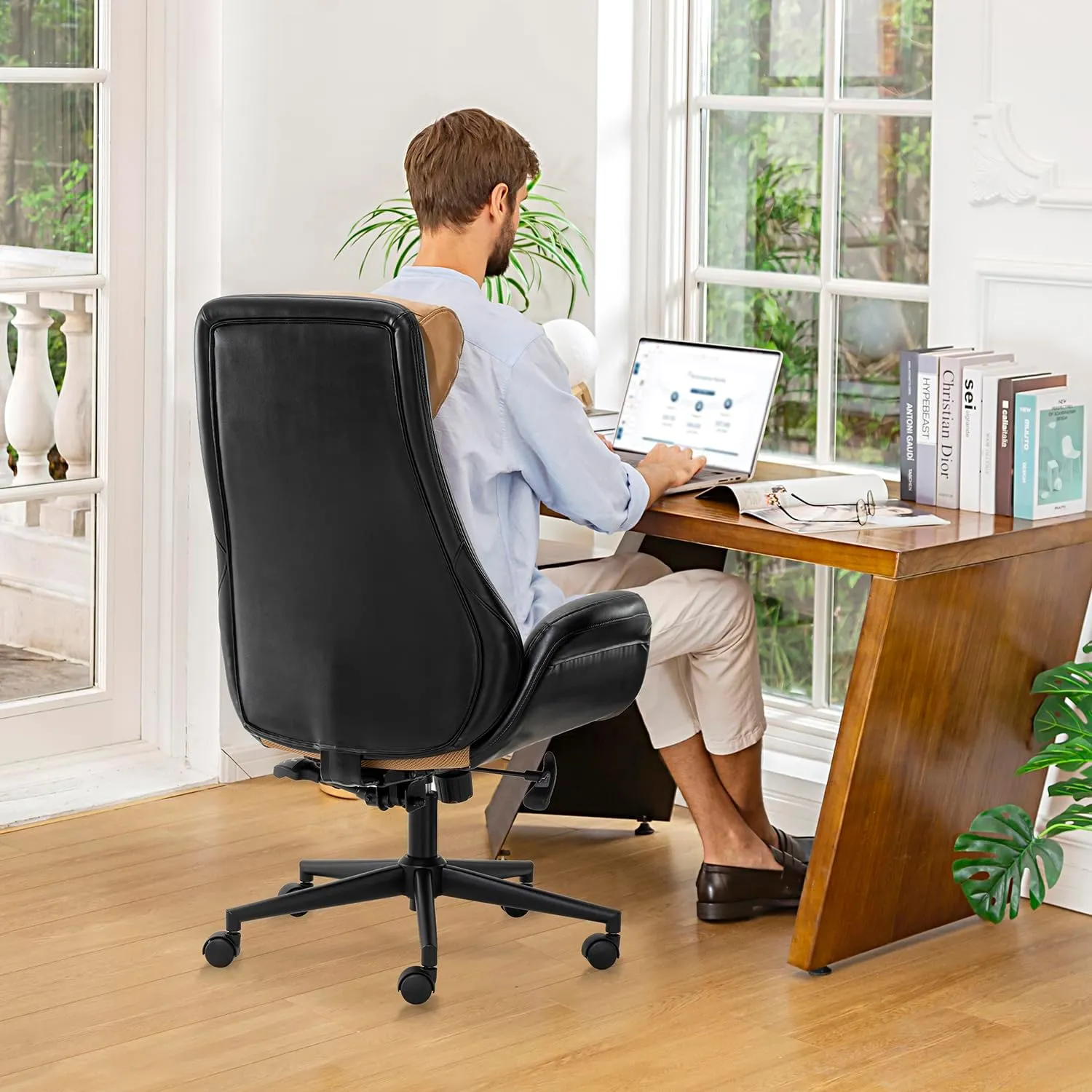 Glitzhome Mid-Century Modern Two-Tone Color High Back Leatherette Chairs Computer Desk Chair, Task Chair with Armrest Adjustable Gaslift Office Chair Executive Swivel Chair,Black & Camel