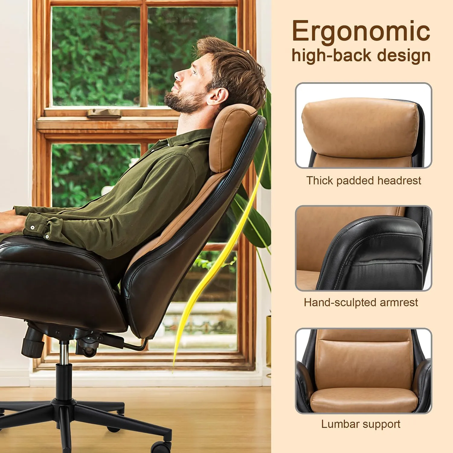 Glitzhome Mid-Century Modern Two-Tone Color High Back Leatherette Chairs Computer Desk Chair, Task Chair with Armrest Adjustable Gaslift Office Chair Executive Swivel Chair,Black & Camel