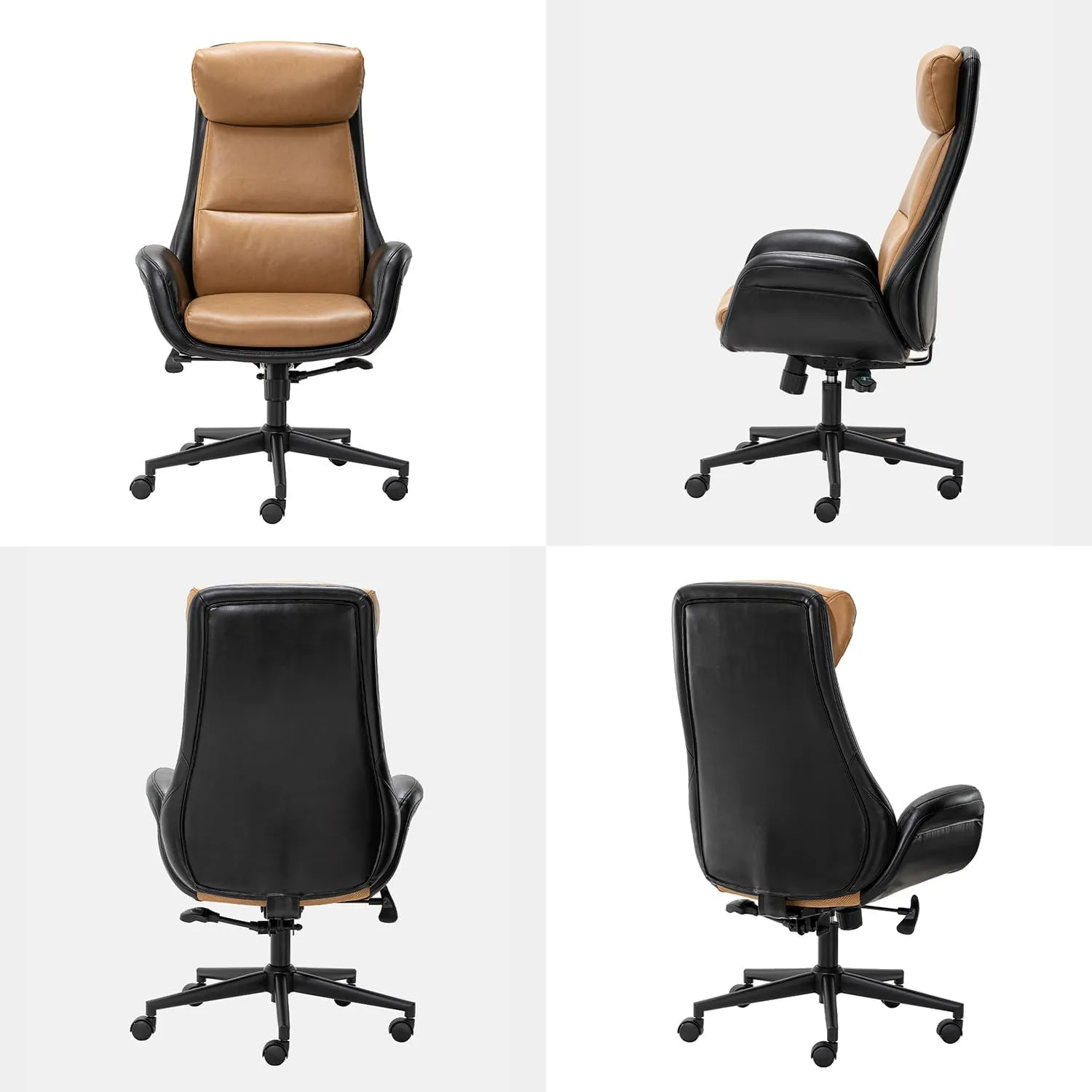 Glitzhome Mid-Century Modern Two-Tone Color High Back Leatherette Chairs Computer Desk Chair, Task Chair with Armrest Adjustable Gaslift Office Chair Executive Swivel Chair,Black & Camel