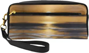Golden Horizon Print Leather Small Makeup Bag â€“ Travel Toiletry Bag, Women Purse, Reusable Cosmetic Accessories Organizer