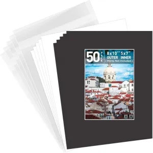 Golden State Art, Pack of 50 8x10 Black Picture Mat Mattes with White Core Bevel Cut for 5x7 Photo   Backing   Bags