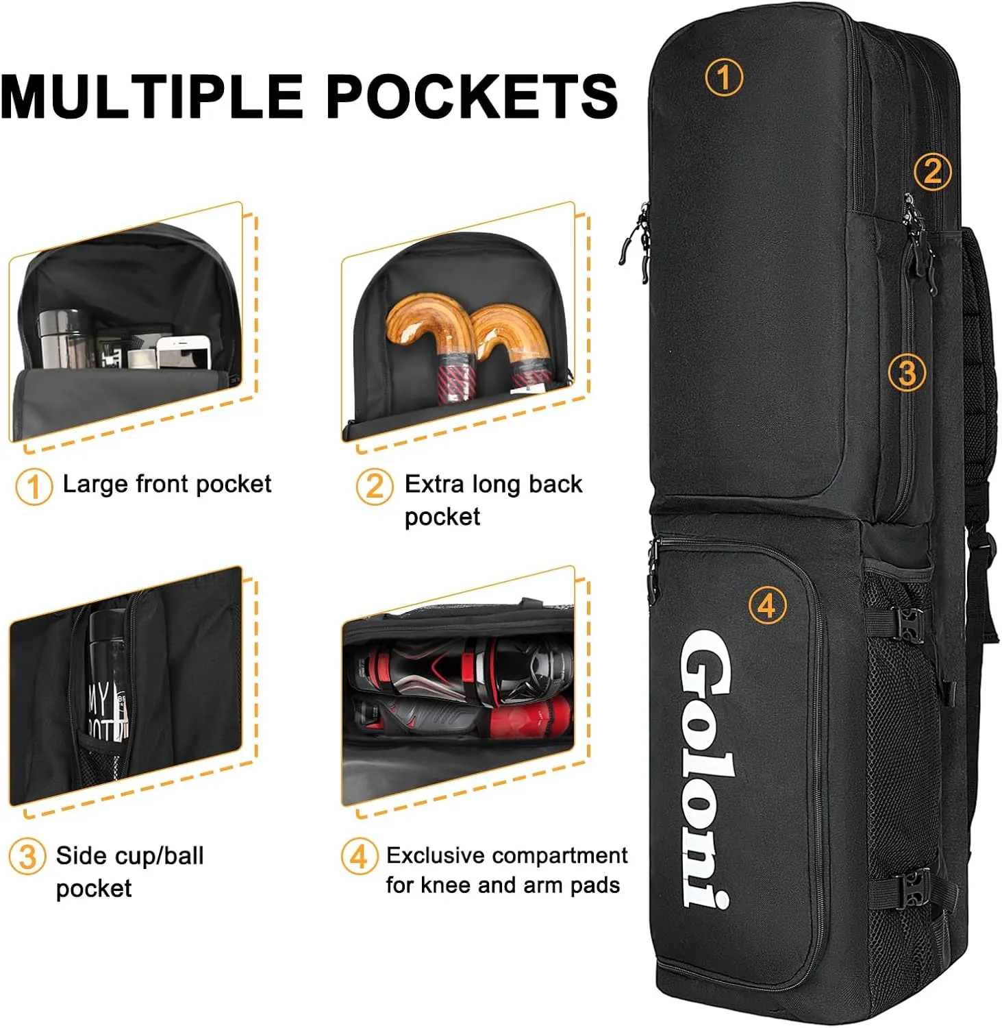 Goloni 4 Sticks Field Hockey Bag with Shoulder Straps,Field Hockey Stick Backpack with Shoe Compartment