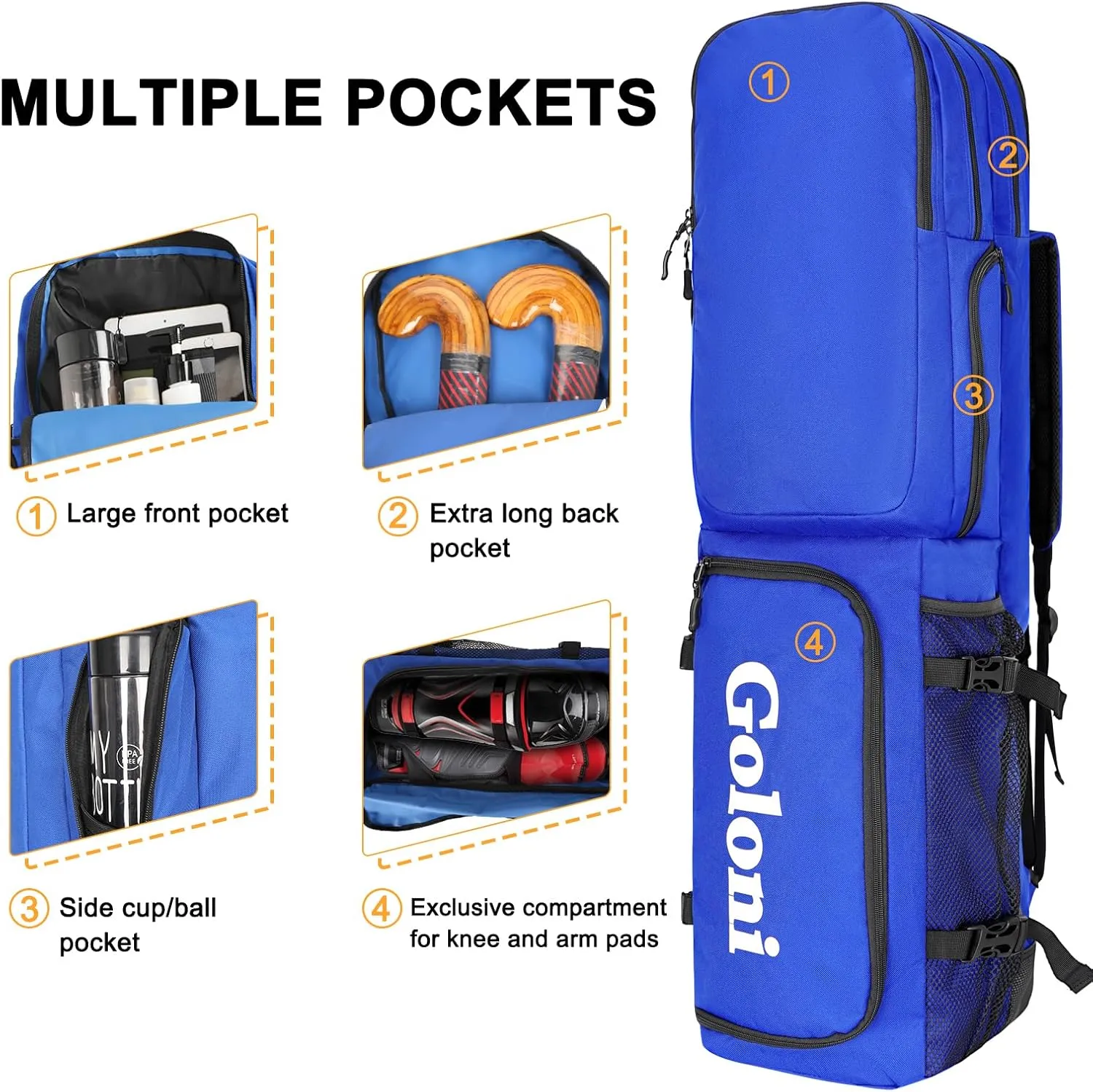 Goloni 4 Sticks Field Hockey Bag with Shoulder Straps,Field Hockey Stick Backpack with Shoe Compartment