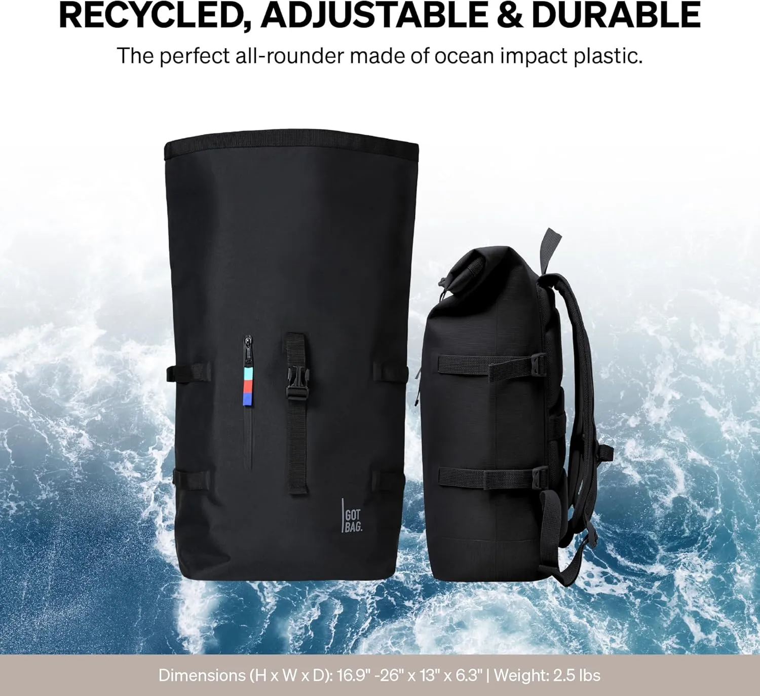 GOT BAG - ROLLTOP Backpack, Hiking & Travel with a 15” Laptop Sleeve, Eco-Conscious Bag Made of Recycled Ocean Impact Plastic™ (Algae Color)