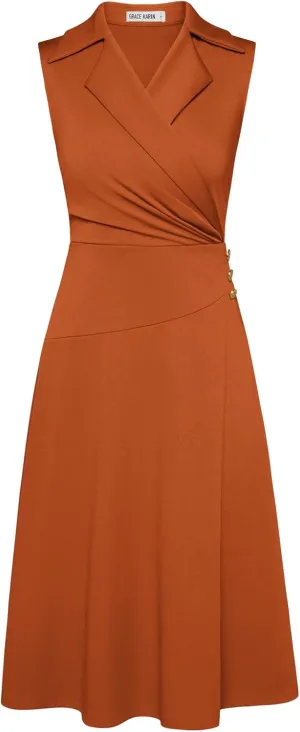 GRACE KARIN 2025 Women's Notch Lapel Ruched Wrap V Neck Business Work Dress Sleeveless A Line Midi Dress