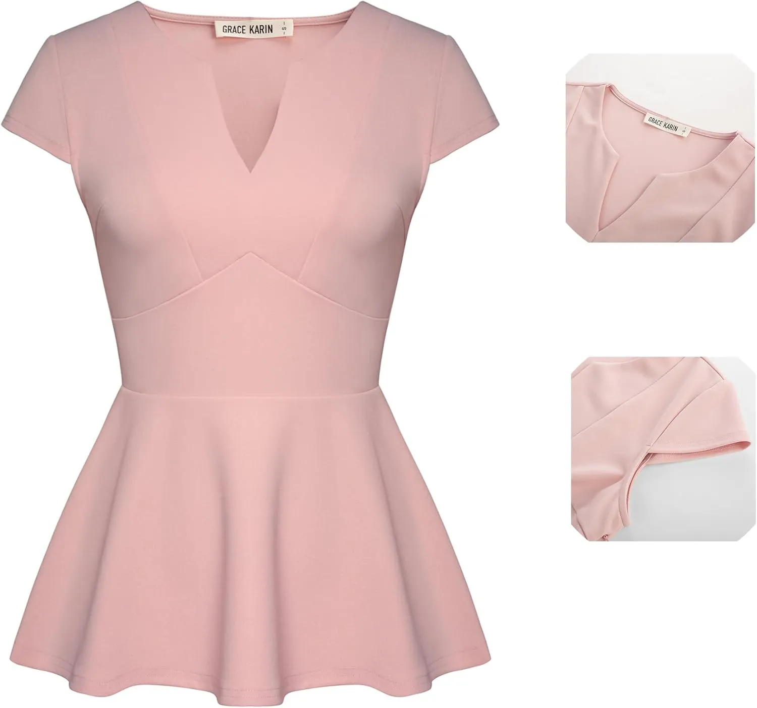 GRACE KARIN Women Dressy Peplum Tops 2025 Summer V Neck Cap Sleeves Fitted Casual Business Work Blouse