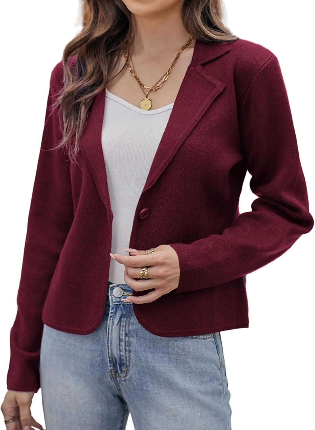 GRACE KARIN Women Sweater Blazer Casual Work Croppped Cardigan Lightweight Button Front Short Knit Blazer Jacket S-XXL