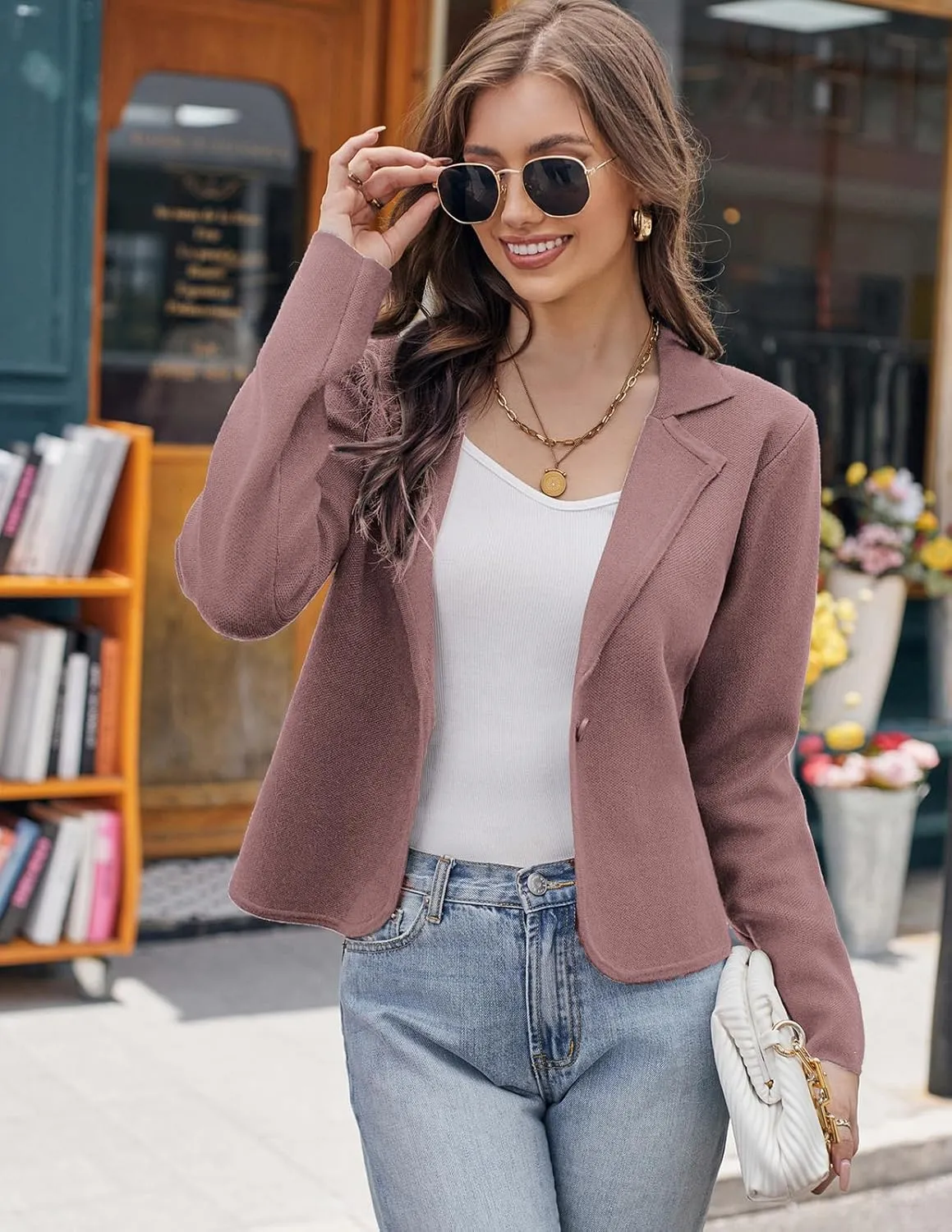 GRACE KARIN Women Sweater Blazer Casual Work Croppped Cardigan Lightweight Button Front Short Knit Blazer Jacket S-XXL