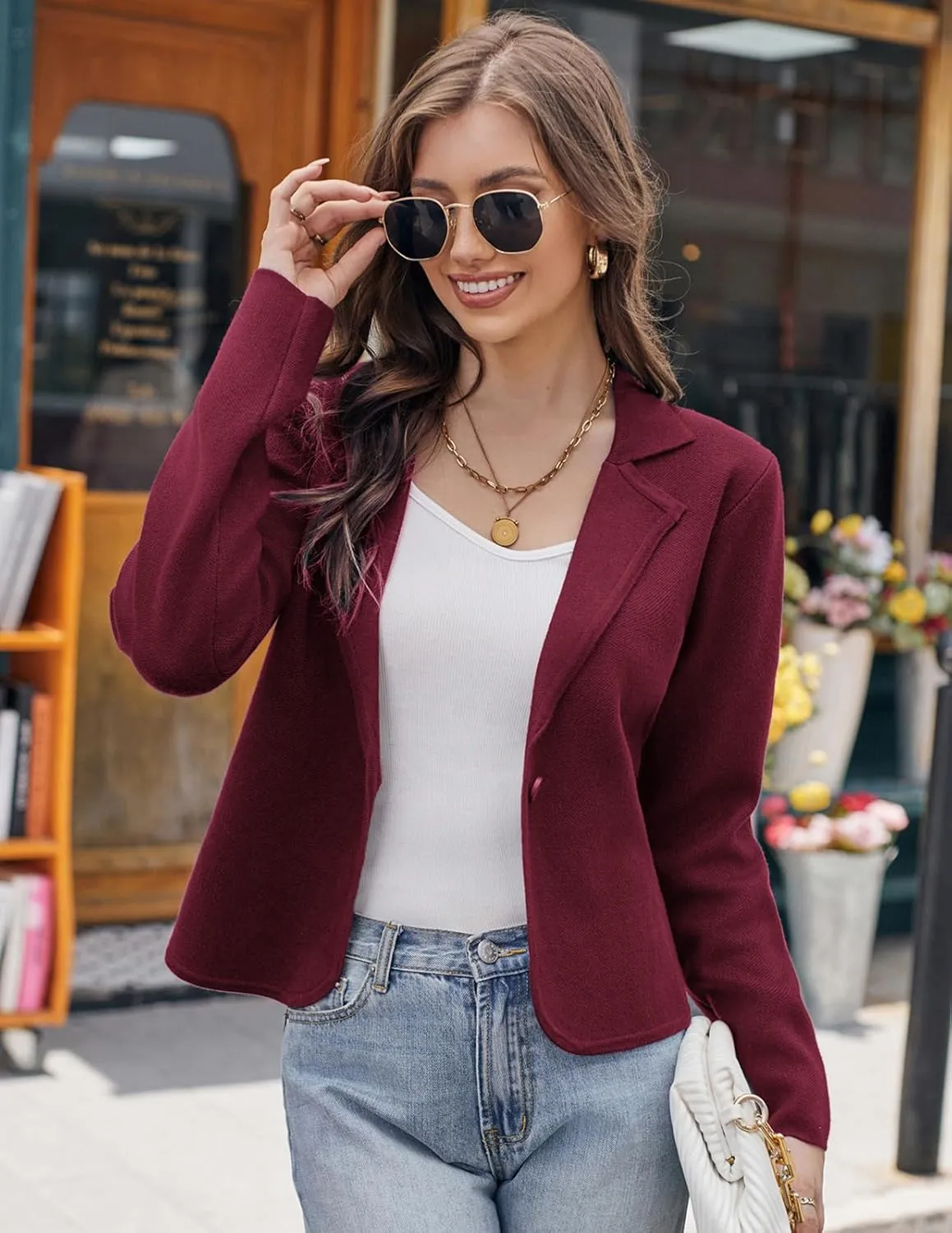 GRACE KARIN Women Sweater Blazer Casual Work Croppped Cardigan Lightweight Button Front Short Knit Blazer Jacket S-XXL