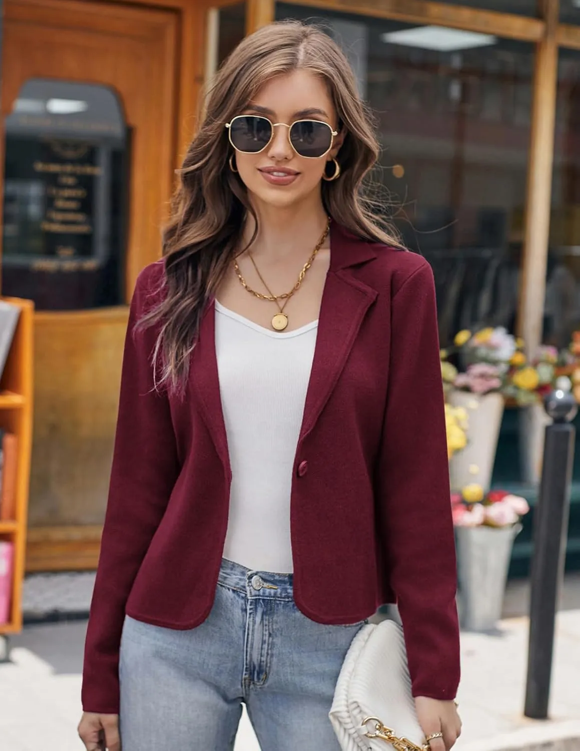 GRACE KARIN Women Sweater Blazer Casual Work Croppped Cardigan Lightweight Button Front Short Knit Blazer Jacket S-XXL