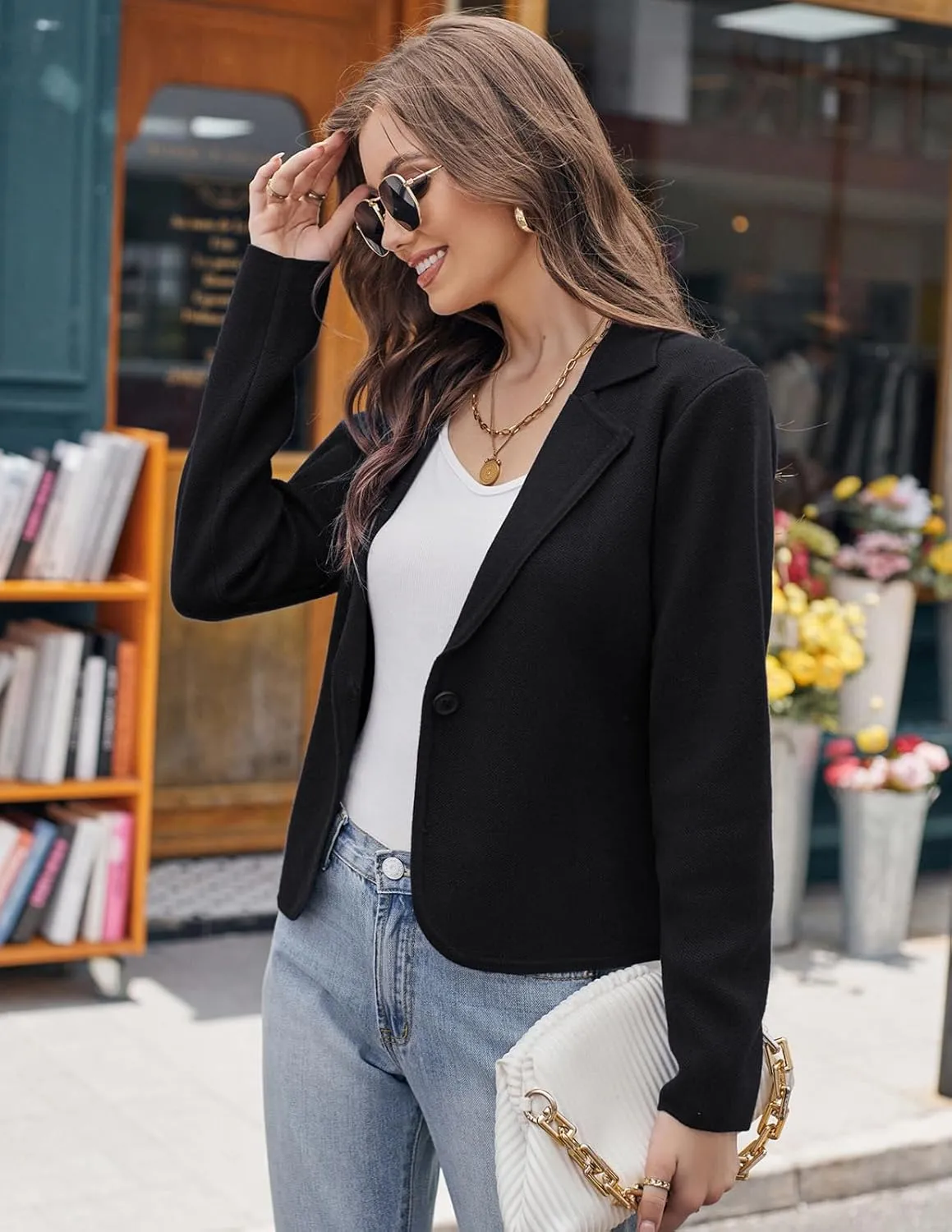 GRACE KARIN Women Sweater Blazer Casual Work Croppped Cardigan Lightweight Button Front Short Knit Blazer Jacket S-XXL
