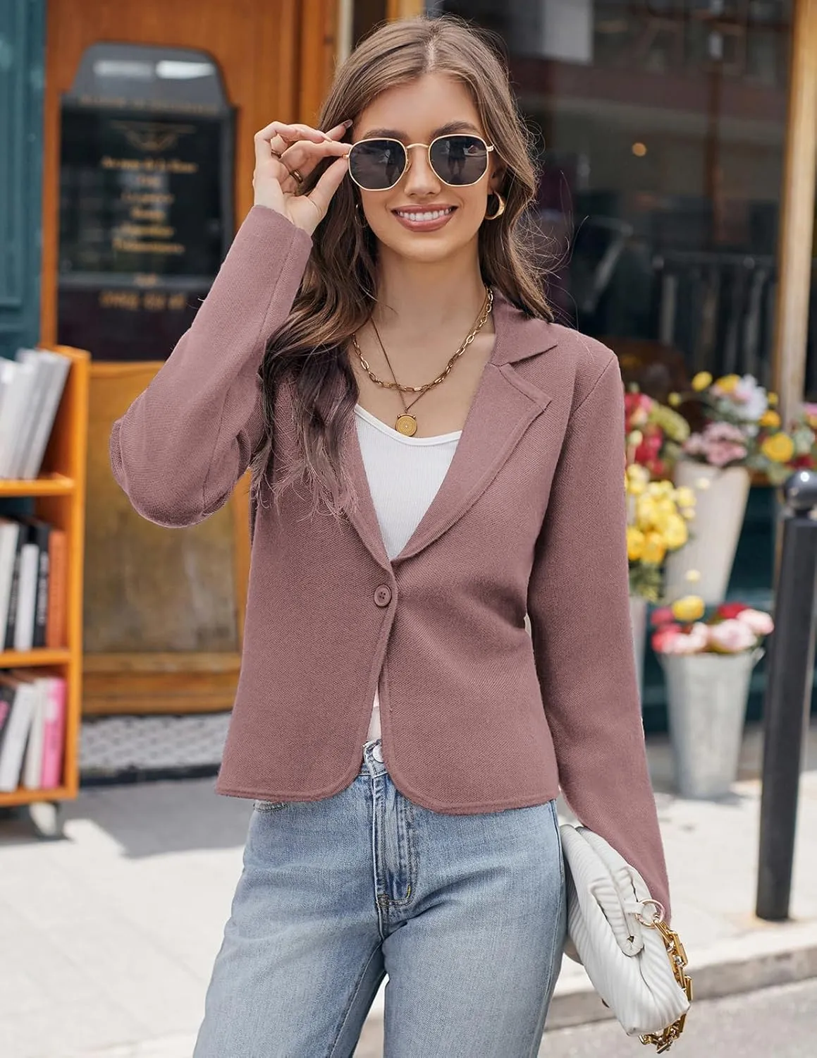 GRACE KARIN Women Sweater Blazer Casual Work Croppped Cardigan Lightweight Button Front Short Knit Blazer Jacket S-XXL