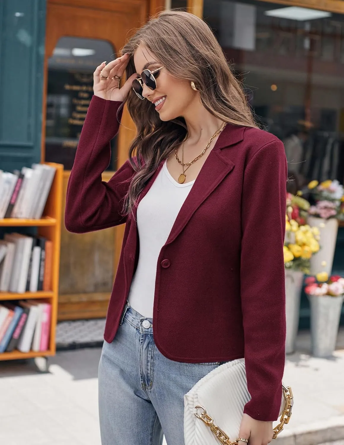 GRACE KARIN Women Sweater Blazer Casual Work Croppped Cardigan Lightweight Button Front Short Knit Blazer Jacket S-XXL